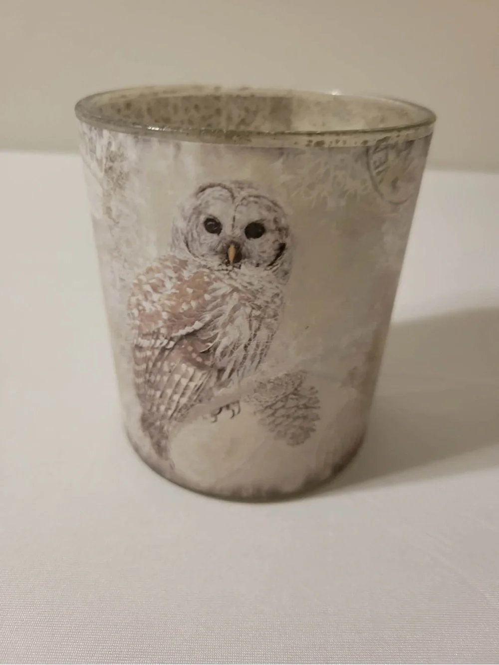 Owl Print Votive Candle Holder in Soft Taupe and Cream